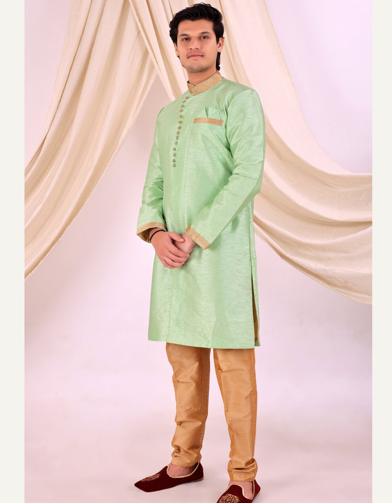 Pista Green Silk Blend Sherwani Set with Beige Pyjama for Men - DBMS1023