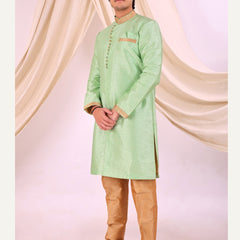 Pista Green Silk Blend Sherwani Set with Beige Pyjama for Men - DBMS1023
