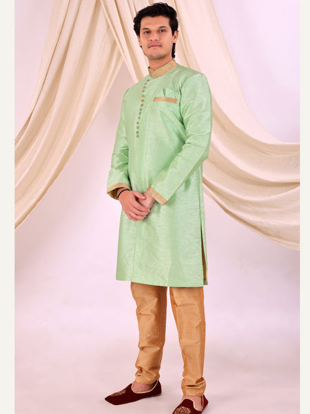 Pista Green Silk Blend Sherwani Set with Beige Pyjama for Men - DBMS1023