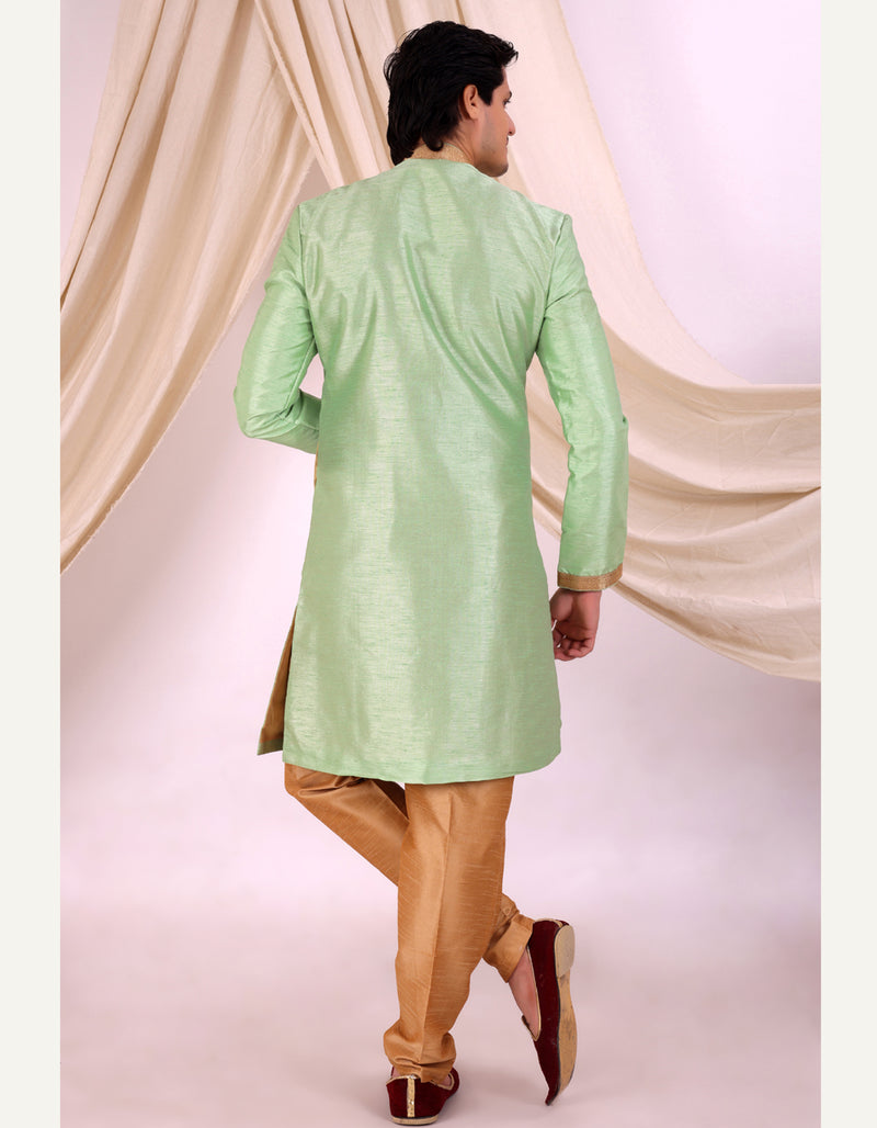 Pista Green Silk Blend Sherwani Set with Beige Pyjama for Men - DBMS1023