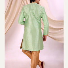 Pista Green Silk Blend Sherwani Set with Beige Pyjama for Men - DBMS1023