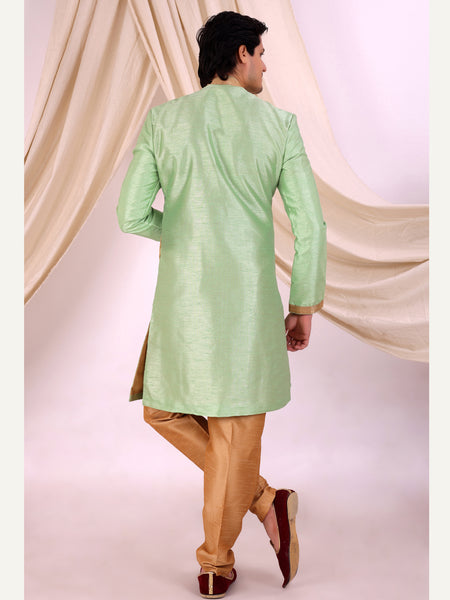 Pista Green Silk Blend Sherwani Set with Beige Pyjama for Men - DBMS1023