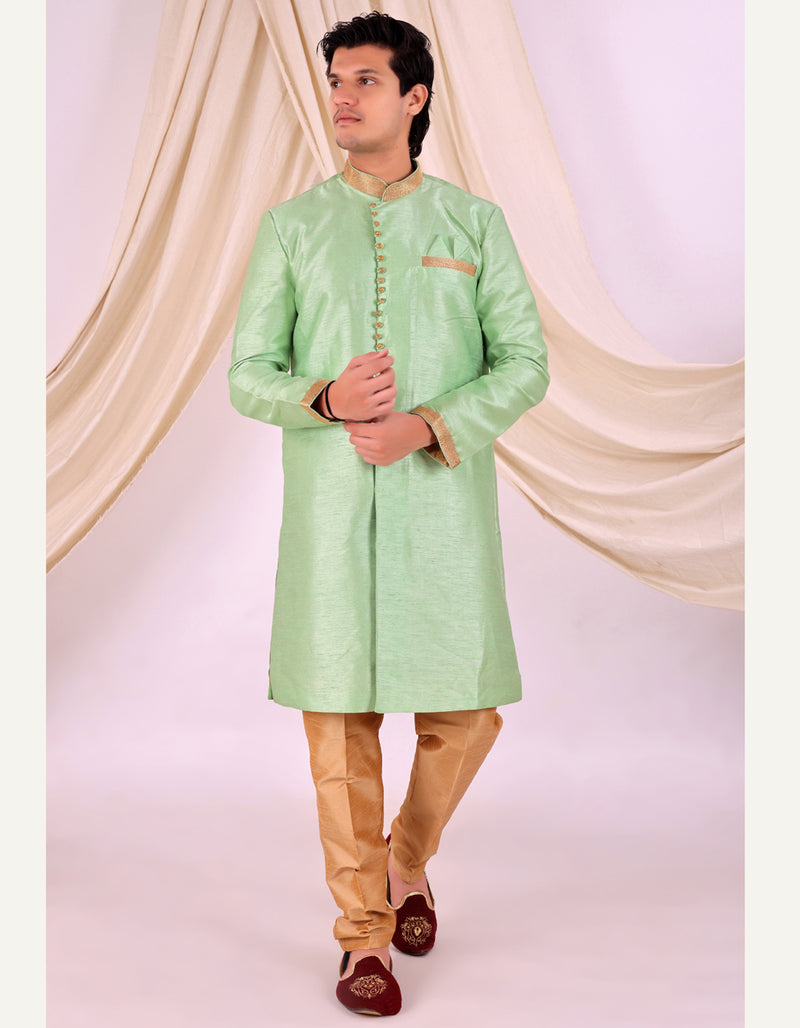 Pista Green Silk Blend Sherwani Set with Beige Pyjama for Men - DBMS1023