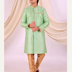 Pista Green Silk Blend Sherwani Set with Beige Pyjama for Men - DBMS1023