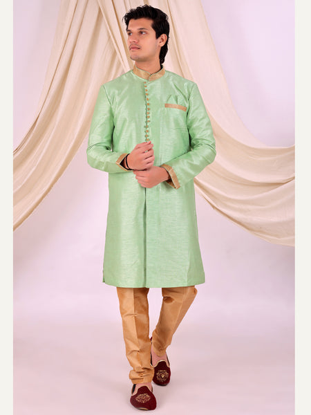 Pista Green Silk Blend Sherwani Set with Beige Pyjama for Men - DBMS1023