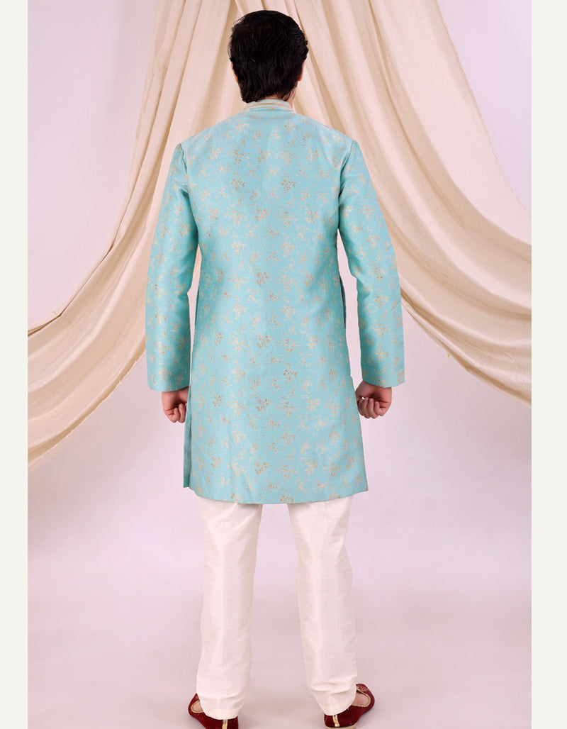 Sky Blue Silk Blend Sherwani Set with White Pyjama for Men - DBMS1025