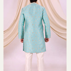 Sky Blue Silk Blend Sherwani Set with White Pyjama for Men - DBMS1025