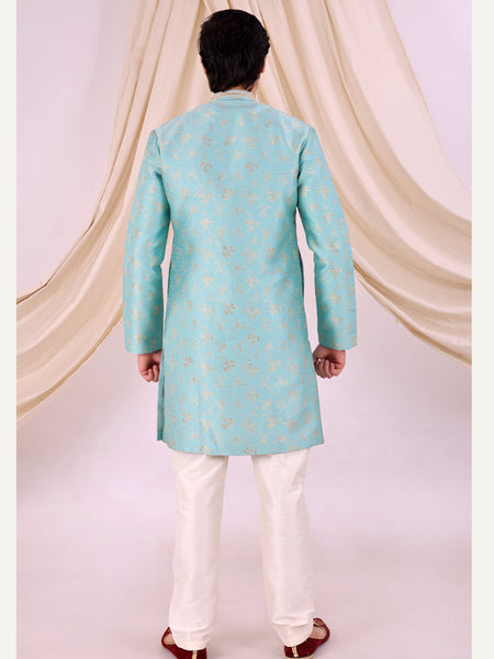 Sky Blue Silk Blend Sherwani Set with White Pyjama for Men - DBMS1025