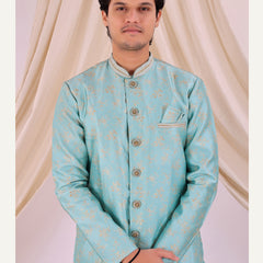 Sky Blue Silk Blend Sherwani Set with White Pyjama for Men - DBMS1025