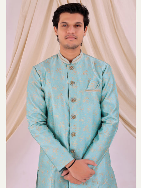 Sky Blue Silk Blend Sherwani Set with White Pyjama for Men - DBMS1025