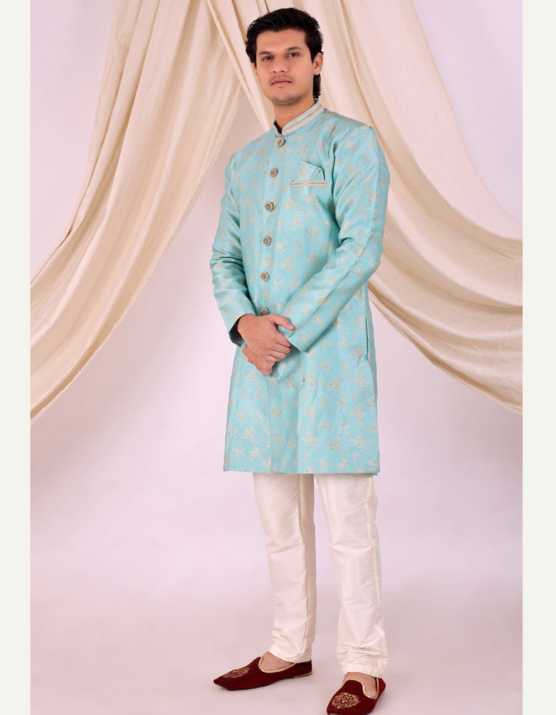 Sky Blue Silk Blend Sherwani Set with White Pyjama for Men - DBMS1025