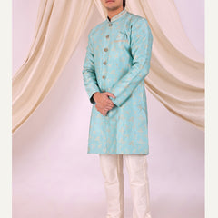 Sky Blue Silk Blend Sherwani Set with White Pyjama for Men - DBMS1025