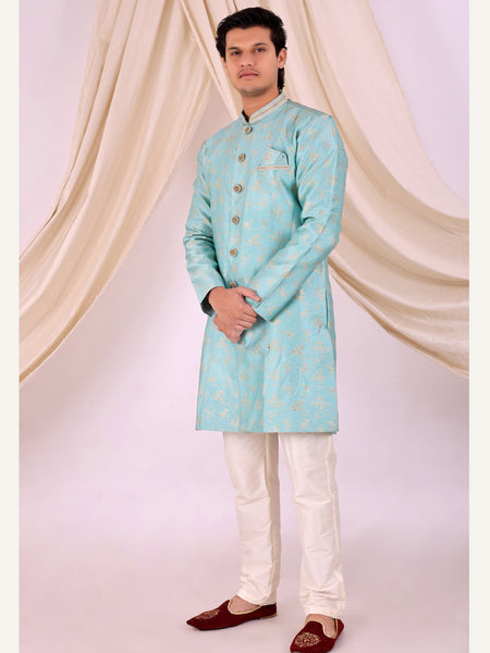 Sky Blue Silk Blend Sherwani Set with White Pyjama for Men - DBMS1025