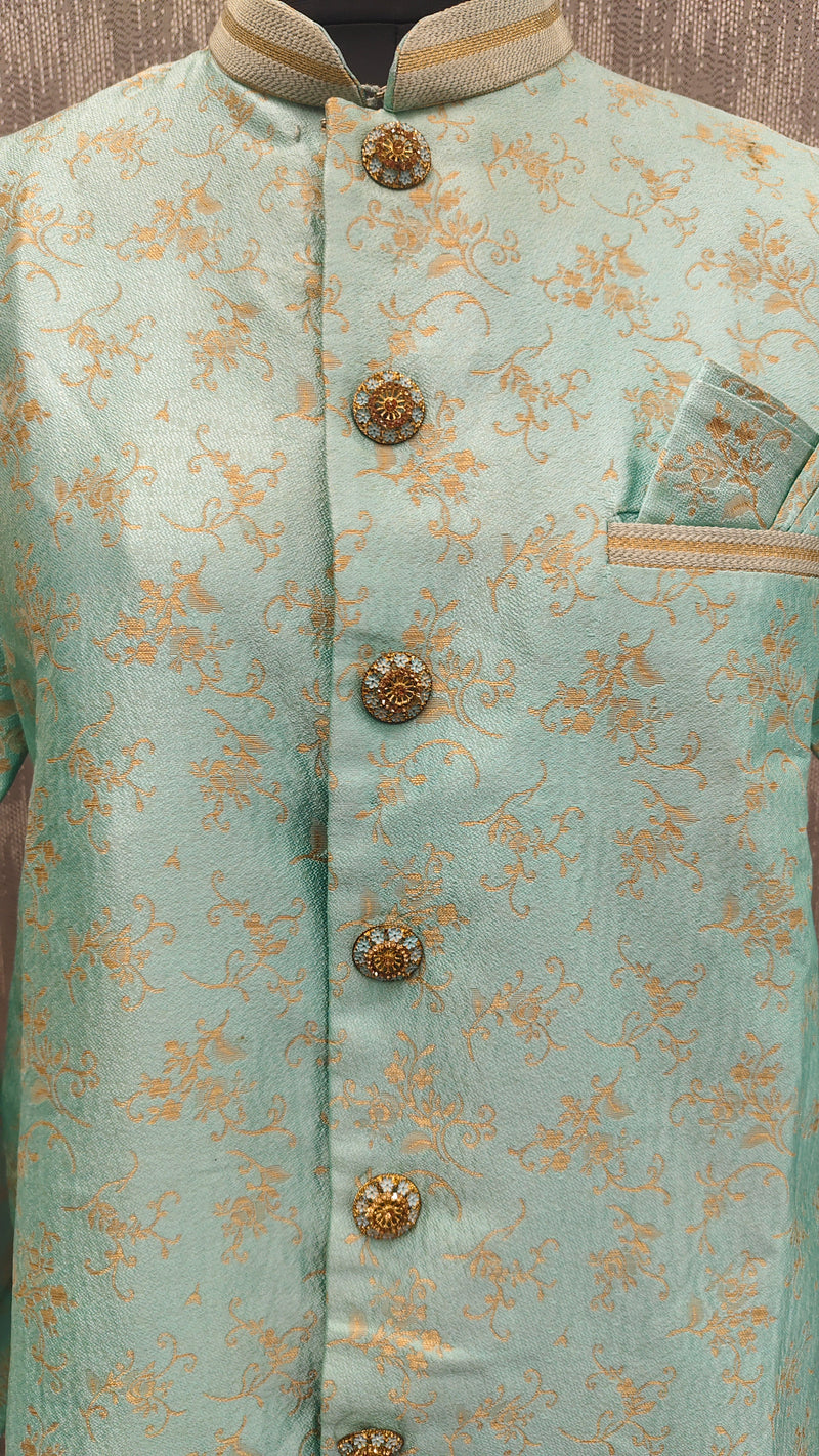 Sky Blue Silk Blend Sherwani Set with White Pyjama for Men - DBMS1025
