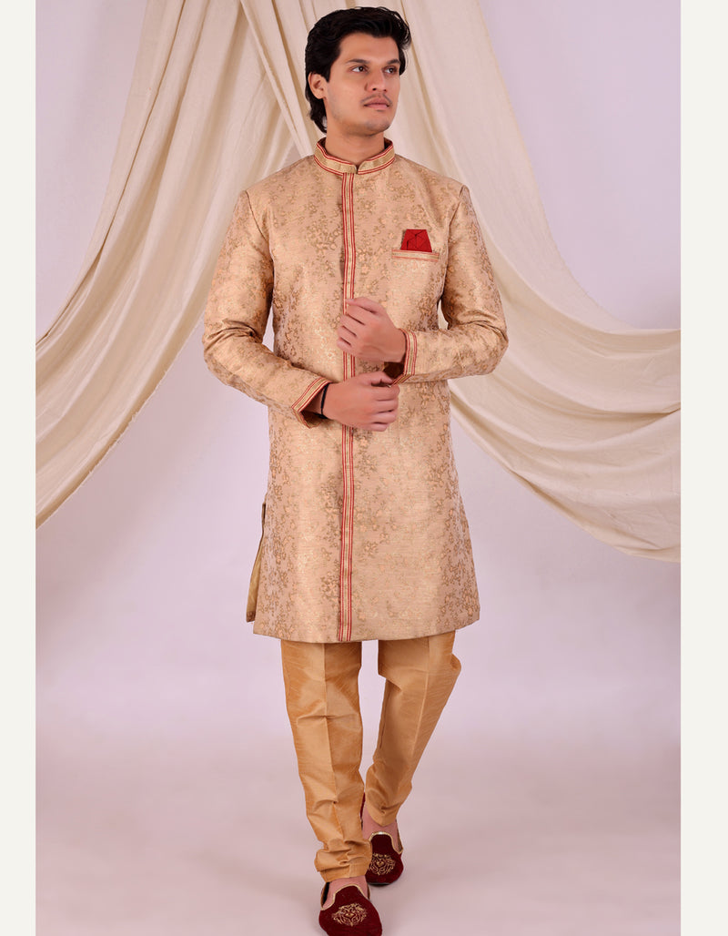 Peach Silk Blend Sherwani Set with White Pyjama for Men - DBMS1026