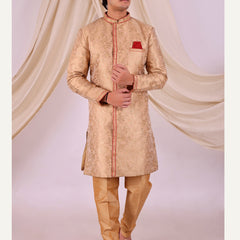 Peach Silk Blend Sherwani Set with White Pyjama for Men - DBMS1026
