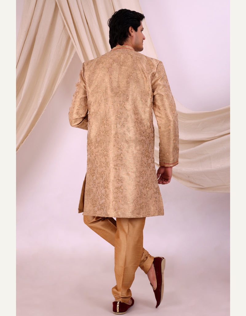 Peach Silk Blend Sherwani Set with White Pyjama for Men - DBMS1026