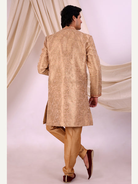 Peach Silk Blend Sherwani Set with White Pyjama for Men - DBMS1026