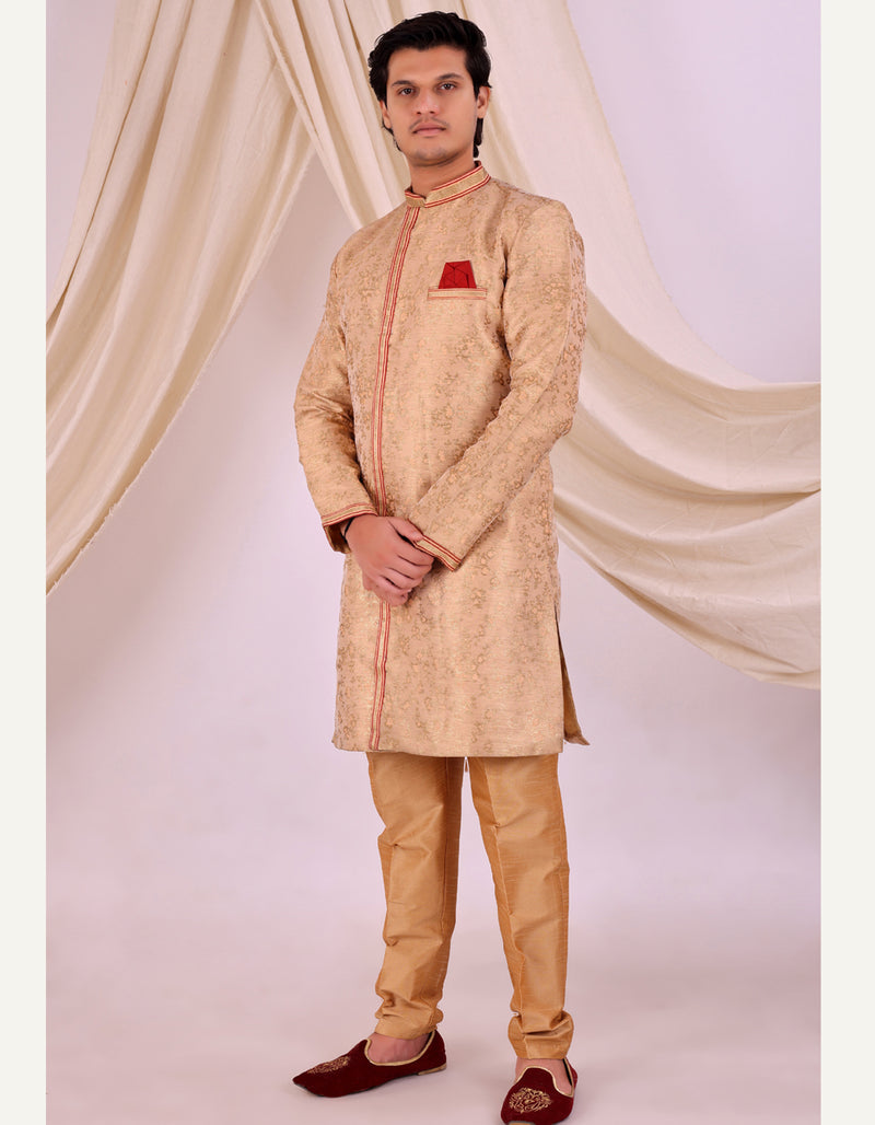 Peach Silk Blend Sherwani Set with White Pyjama for Men - DBMS1026