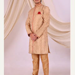 Peach Silk Blend Sherwani Set with White Pyjama for Men - DBMS1026