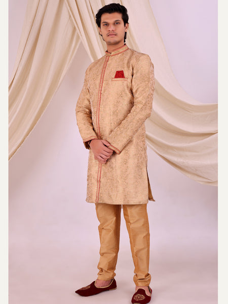 Peach Silk Blend Sherwani Set with White Pyjama for Men - DBMS1026