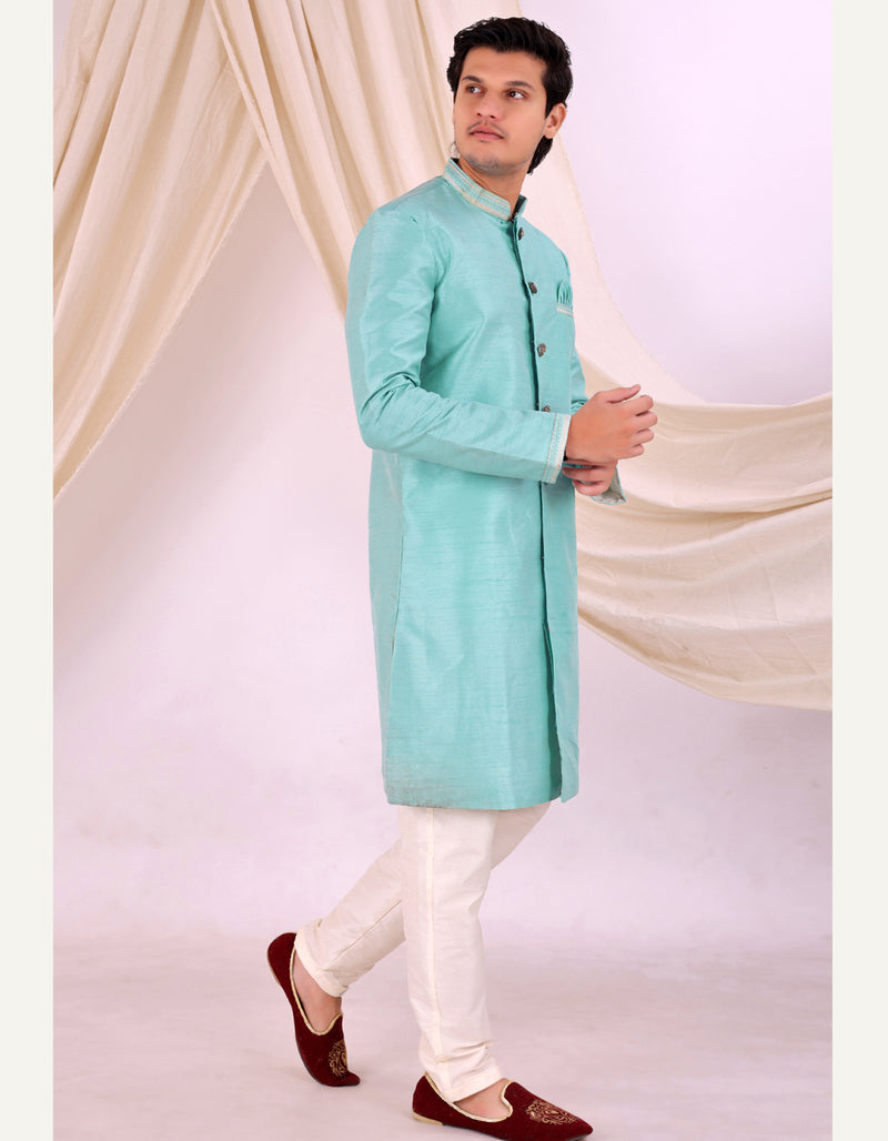 Sky Blue Silk Blend Sherwani Set with White Pyjama for Men - DBMS1028
