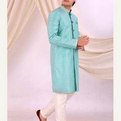 Sky Blue Silk Blend Sherwani Set with White Pyjama for Men - DBMS1028