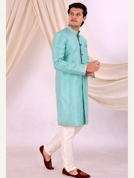 Sky Blue Silk Blend Sherwani Set with White Pyjama for Men - DBMS1028