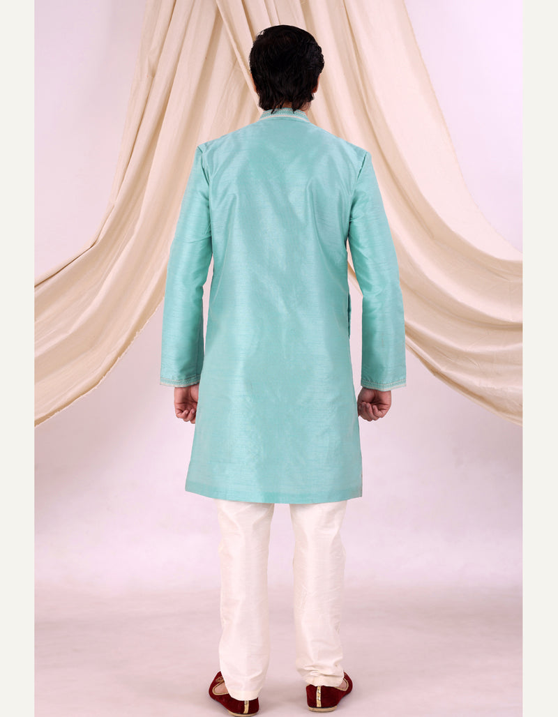 Sky Blue Silk Blend Sherwani Set with White Pyjama for Men - DBMS1028