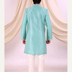 Sky Blue Silk Blend Sherwani Set with White Pyjama for Men - DBMS1028