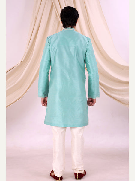 Sky Blue Silk Blend Sherwani Set with White Pyjama for Men - DBMS1028
