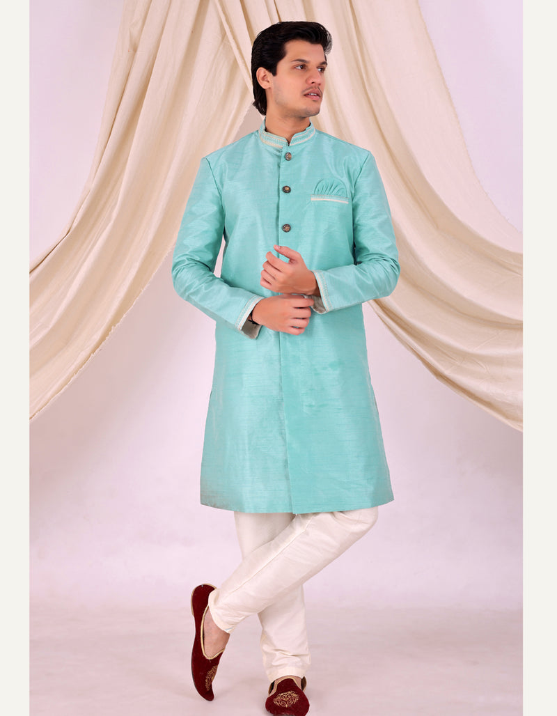 Sky Blue Silk Blend Sherwani Set with White Pyjama for Men - DBMS1028