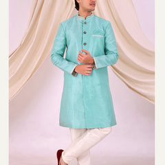 Sky Blue Silk Blend Sherwani Set with White Pyjama for Men - DBMS1028