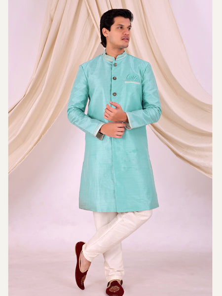 Sky Blue Silk Blend Sherwani Set with White Pyjama for Men - DBMS1028