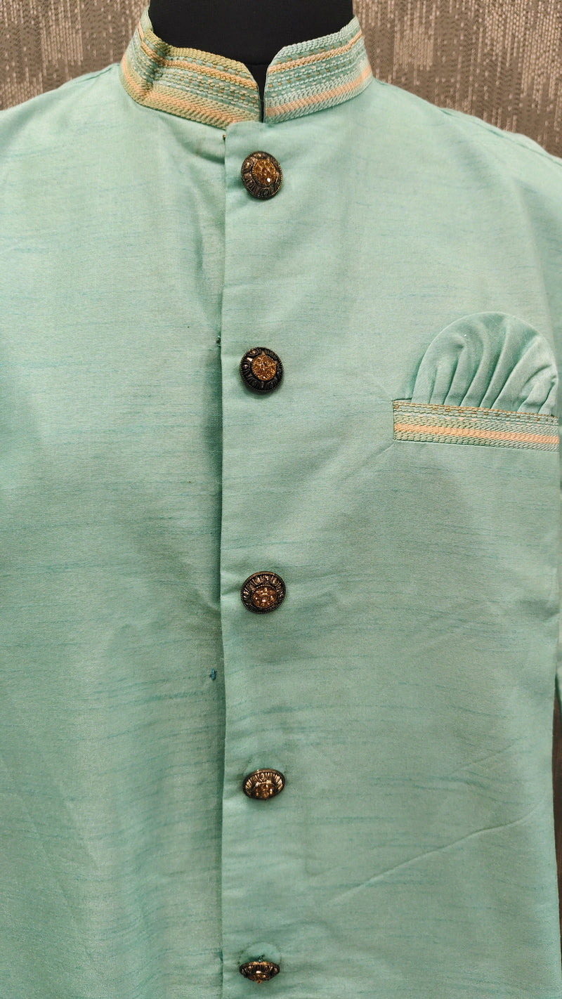 Sky Blue Silk Blend Sherwani Set with White Pyjama for Men - DBMS1028