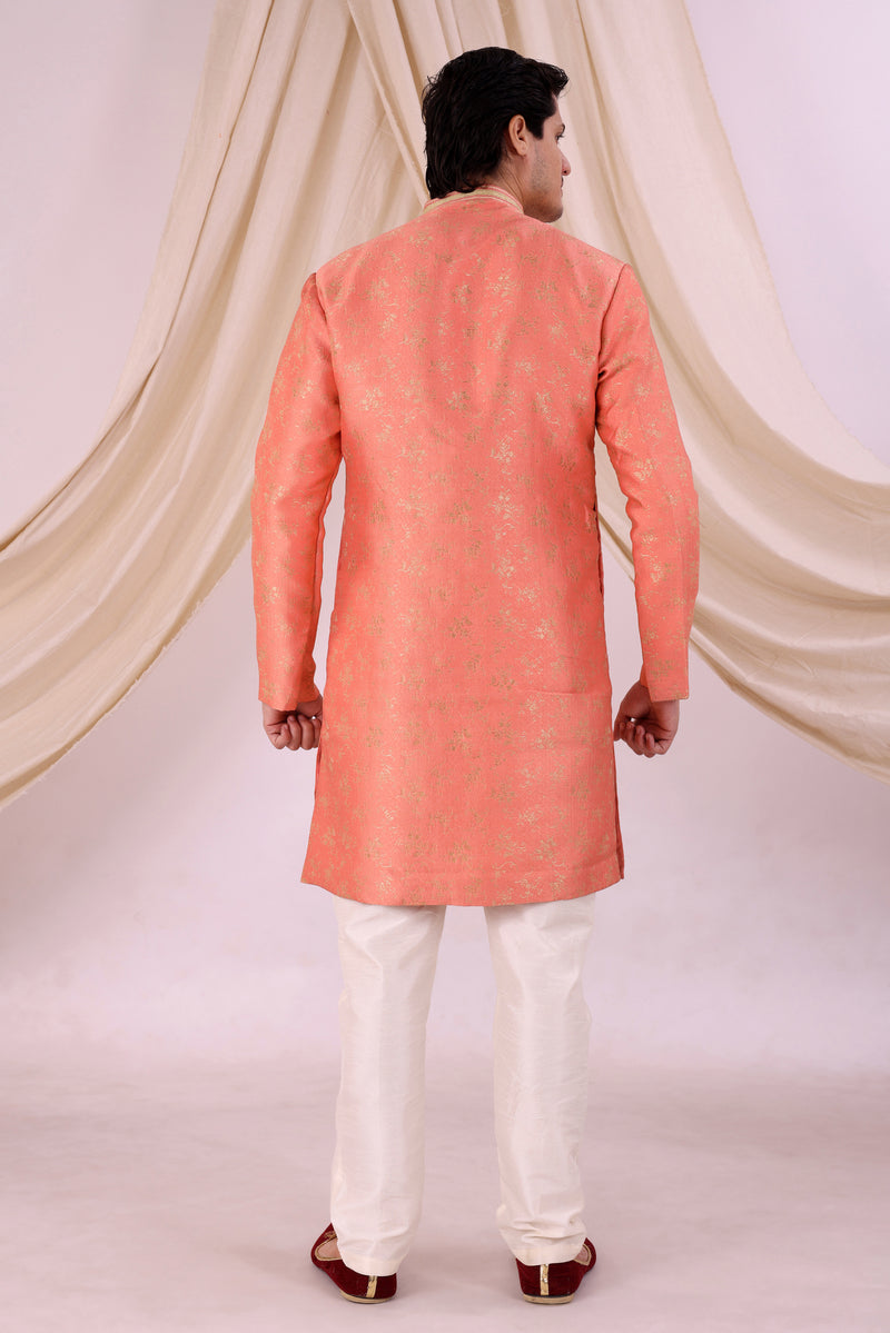 Orange Silk Blend Sherwani Set with White Pyjama for Men - DBMS1030