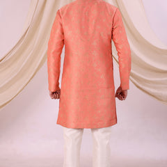 Orange Silk Blend Sherwani Set with White Pyjama for Men - DBMS1030