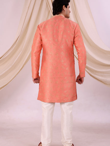 Orange Silk Blend Sherwani Set with White Pyjama for Men - DBMS1030
