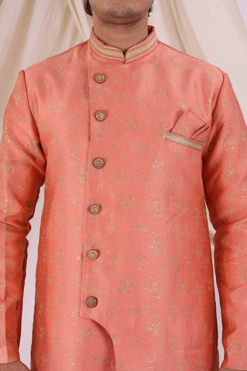 Orange Silk Blend Sherwani Set with White Pyjama for Men - DBMS1030