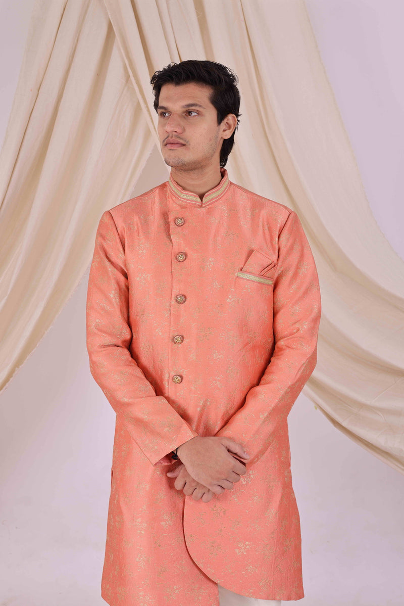 Orange Silk Blend Sherwani Set with White Pyjama for Men - DBMS1030