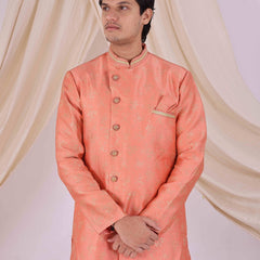 Orange Silk Blend Sherwani Set with White Pyjama for Men - DBMS1030