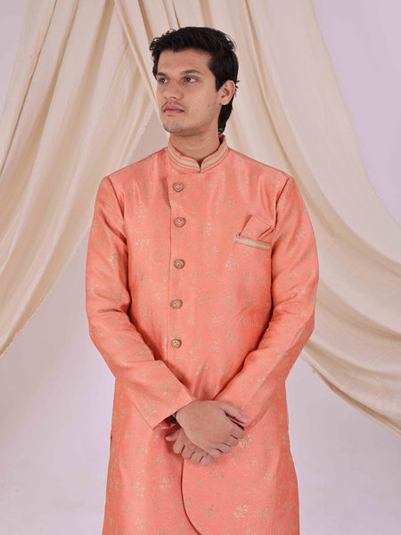 Orange Silk Blend Sherwani Set with White Pyjama for Men - DBMS1030