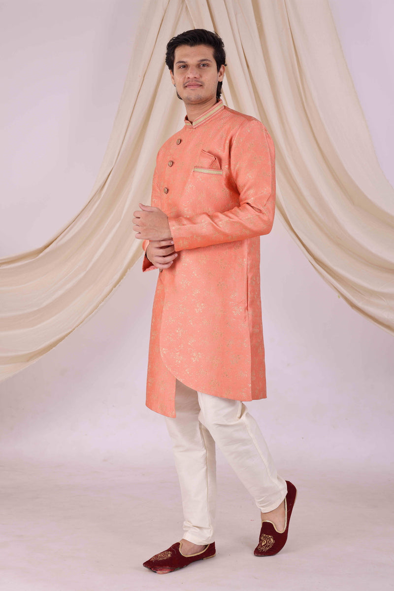 Orange Silk Blend Sherwani Set with White Pyjama for Men - DBMS1030
