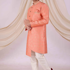 Orange Silk Blend Sherwani Set with White Pyjama for Men - DBMS1030