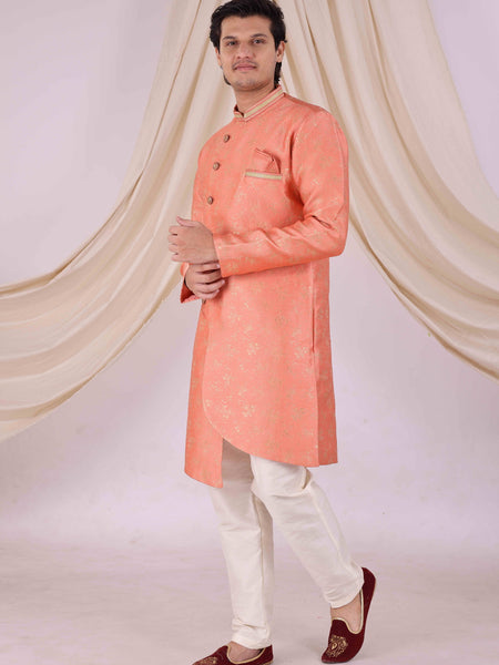 Orange Silk Blend Sherwani Set with White Pyjama for Men - DBMS1030