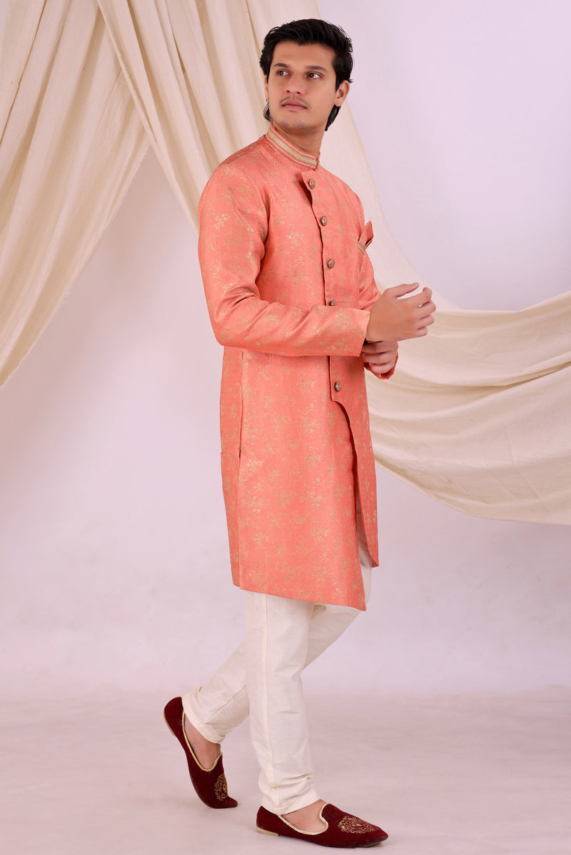 Orange Silk Blend Sherwani Set with White Pyjama for Men - DBMS1030