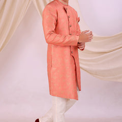 Orange Silk Blend Sherwani Set with White Pyjama for Men - DBMS1030