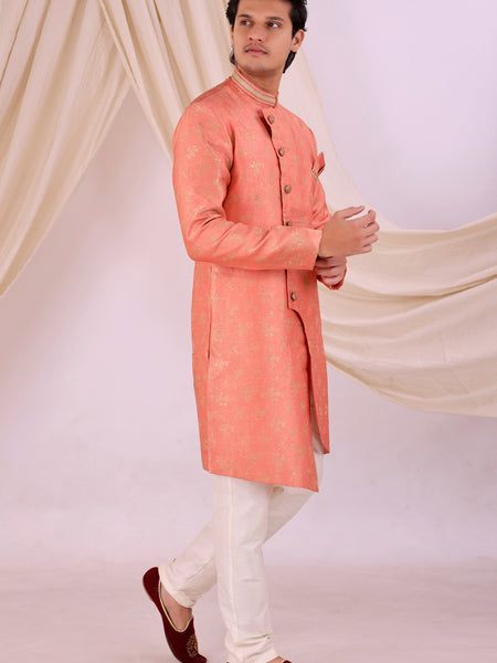 Orange Silk Blend Sherwani Set with White Pyjama for Men - DBMS1030