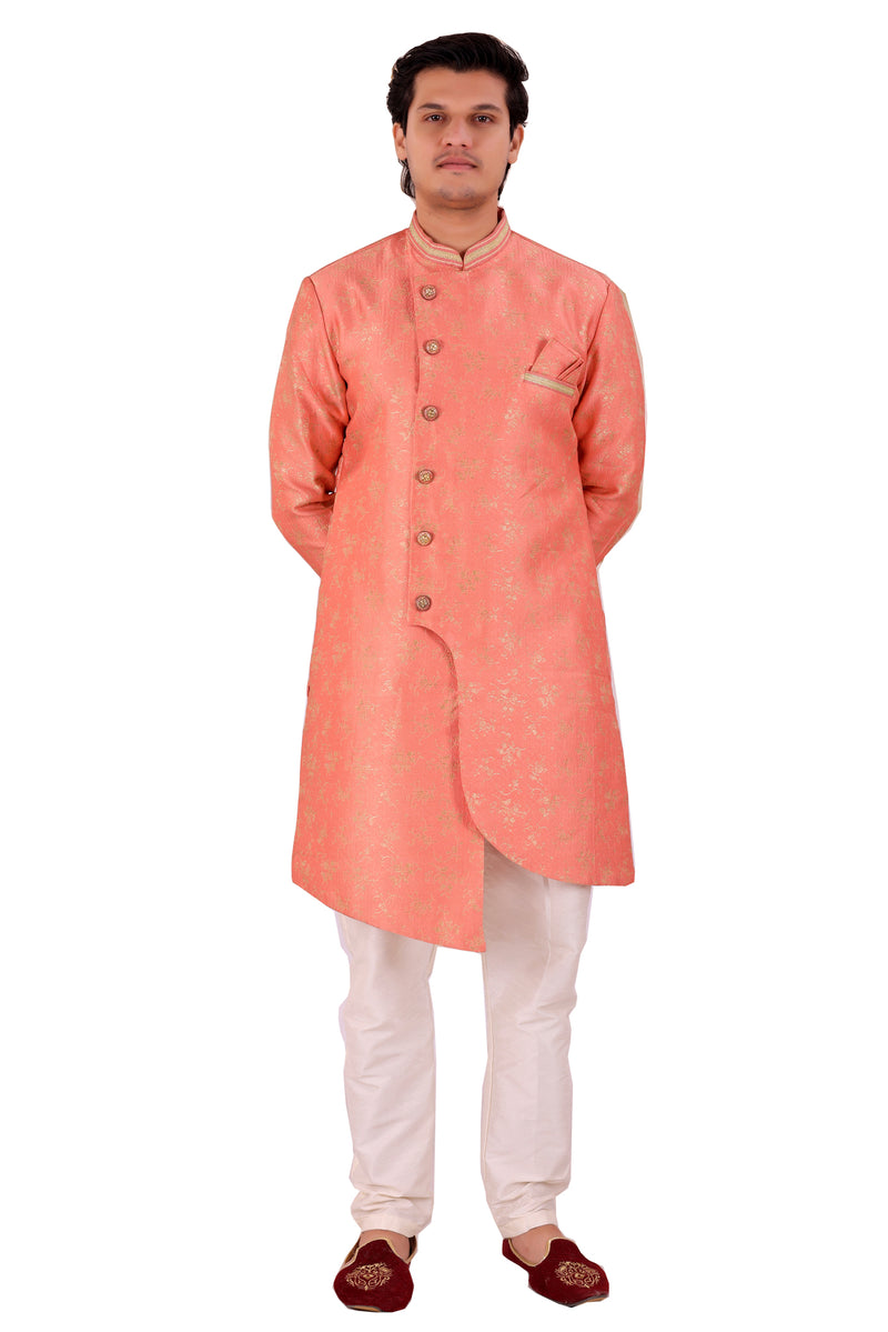 Orange Silk Blend Sherwani Set with White Pyjama for Men - DBMS1030