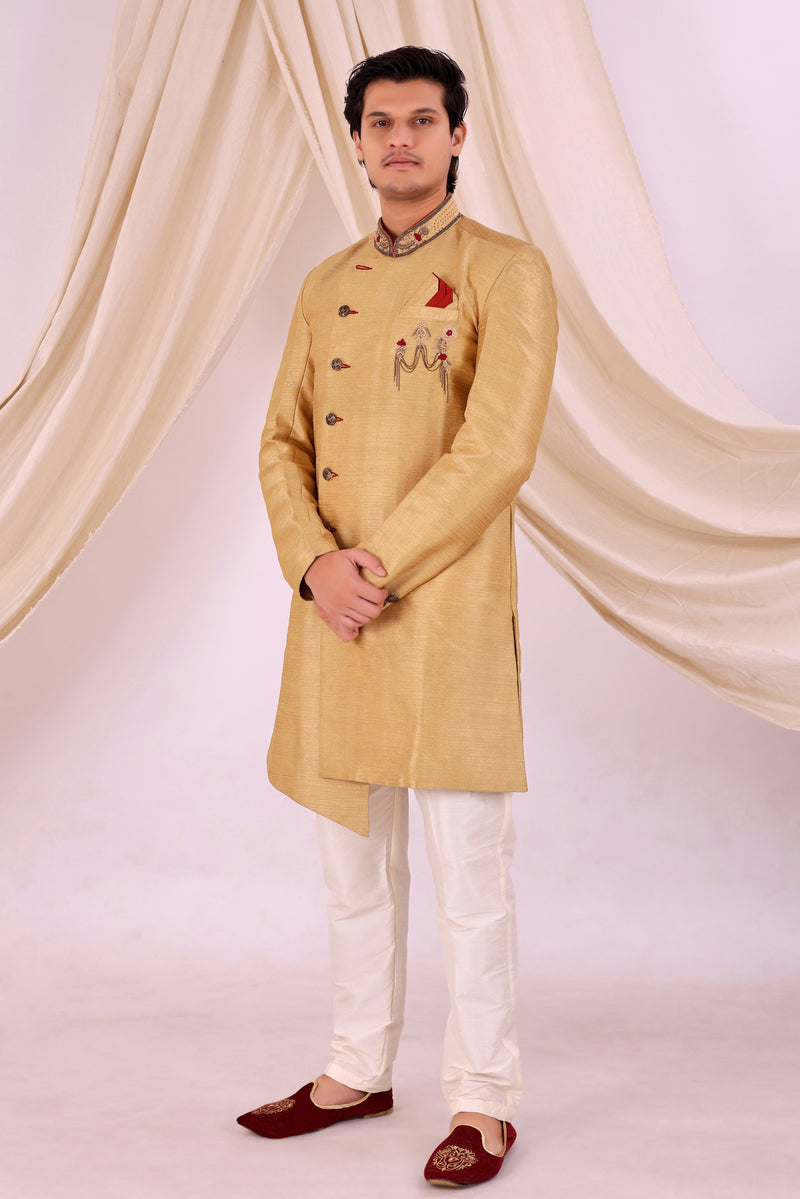 Golden Silk Blend Sherwani Set with White Pyjama for Men - DBMS1035